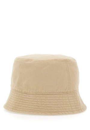 Chapeau bob en coton beige avec des panneaux cousus et un bord court légèrement évasé.