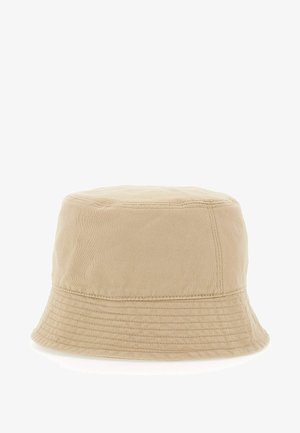 Chapeau bob en coton beige avec des panneaux cousus et un bord court légèrement évasé.
