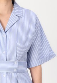 Blusa a righe blu chiaro con colletto, maniche corte, dettagli con bottoni e vita aderente che mette in risalto una silhouette svasata.