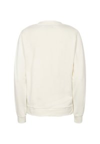 Effen witte sweatshirt met lange mouwen, van de achterkant bekeken, met geribde boorden en zoom, voorzien van een ronde hals.