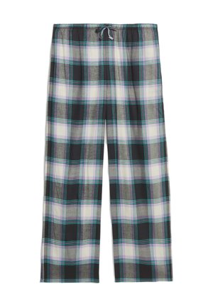 Geruite loungebroeken met een elastische tailleband en trekkoord. Kleuren zijn zwart, wit, paars en teal, met een losse pasvorm en zachte textuur.