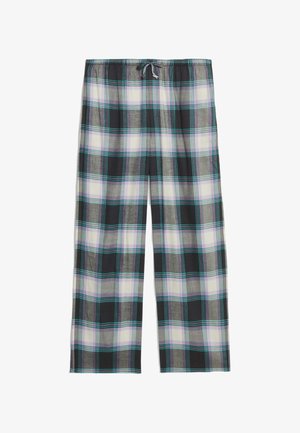 Karierte Lounge-Hosen mit elastischem Bund und Kordelzug. Die Farben umfassen Schwarz, Weiß, Lila und Türkis mit lockerer Passform und weicher Textur.