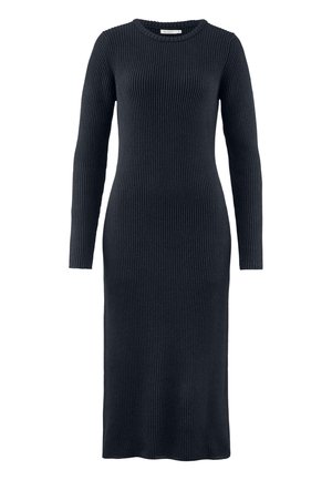Strick-Midi-Kleid in Dunkelblau, mit langen Ärmeln, rundem Ausschnitt und gerippter Textur überall. Einfaches, figurbetontes Design.