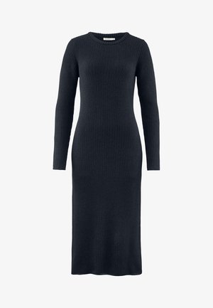 Knit midi dress in dark navy, featuring long sleeves, a round neck, and ribbed texture throughout. Simple, form-fitting design.