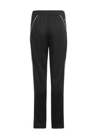 Schwarze Sporthose aus leichtem Material mit einem elastischen Bund, ausgestattet mit weißen seitlichen Akzenten und einem taillierten Bein-Design.