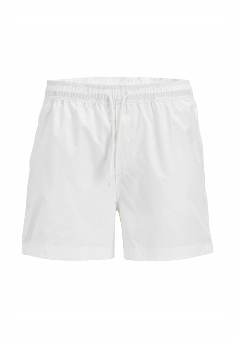 Witte zwemshorts van lichtgewicht stof met een elastische tailleband en trekkoord. Voorzien van zijzakken en een eenvoudig ontwerp.