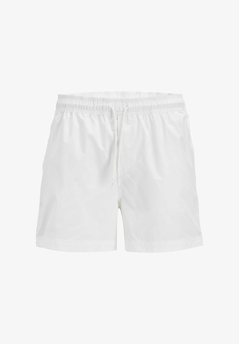 White swim shorts made of lightweight fabric with an elastic waistband and drawstring. Features side pockets and a simple design.