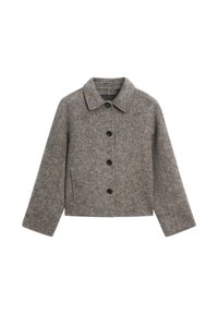 Gray wool jacket featuring a collar, six black buttons, and long sleeves with a straight cut and subtle texture.