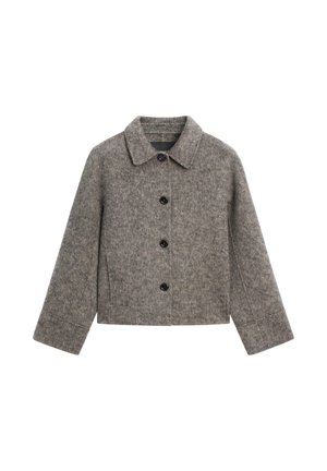 Veste en laine grise avec un col, six boutons noirs, et des manches longues à coupe droite avec une texture subtile.