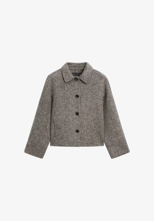 Grå uldjakke med krave, seks sorte knapper og lange ærmer med lige snit og subtil struktur.