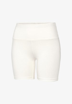 Weiße, dehnbare, hoch taillierte Radlerhosen mit glattem Finish und mittellanger Oberschenkellänge, auf weißem Hintergrund dargestellt.