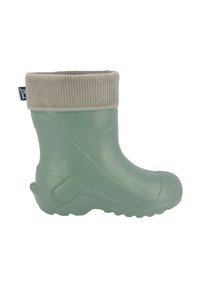 Botte en caoutchouc verte avec manchette en textile beige côtelée, bout arrondi et semelle extérieure texturée. Comprend une étiquette logo latérale près de la manchette.