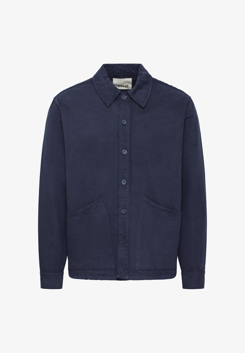 Marineblå knap-op jakke med lange ærmer, spredt krave og to store forlommer.