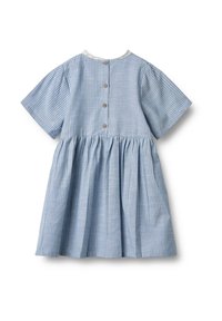 Mėlynos ir baltos spalvos vertikaliai dryžuota trumpomis rankovėmis suknelė su rauktu liemeniu ir keturiomis medinėmis sagomis nugaroje.