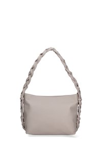Borsa in pelle grigia con manico intrecciato, superficie liscia e forma rettangolare. Chiusura con zip superiore, design minimalista.