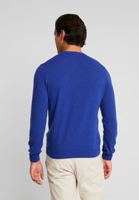 Blå stickad tröja med långa ärmar och ribbade mudd, med en klassisk rund halsringning och en slät yta.