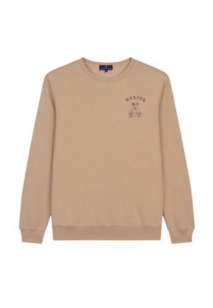 Sudadera beige de manga larga, con puños acanalados y escote redondeado. Presenta un gráfico burdeos de un oso de peluche y el texto "HARPER".