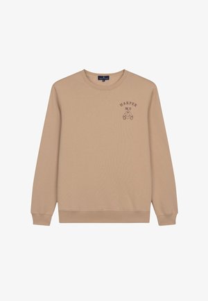 Felpa beige con maniche lunghe, polsini a coste e scollatura rotonda. Presenta una grafica color amaranto di un orsetto e il testo "HARPER".