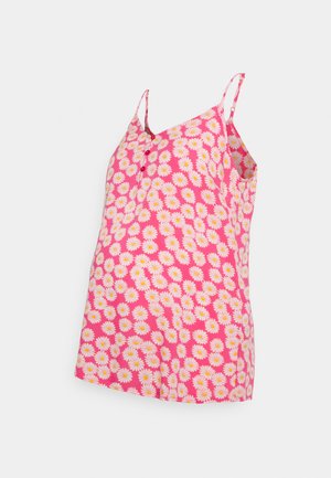 Top rosa sem mangas com padrão de flores de margarida, apresentando alças finas e um detalhe de botão no decote. Tecido suave, ajuste casual.