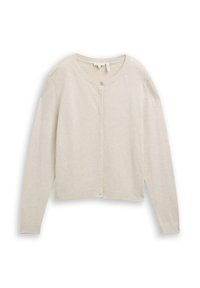 Jasnobeżowy kardigan z okrągłym dekoltem, długimi rękawami i pojedynczym zapięciem na guzik z przodu. Wykonany z miękkiej, teksturowanej tkaniny.