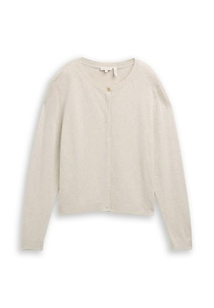 Jasnobeżowy kardigan z okrągłym dekoltem, długimi rękawami i pojedynczym zapięciem na guzik z przodu. Wykonany z miękkiej, teksturowanej tkaniny.
