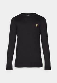 Pull noir à manches longues avec poignets et encolure côtelés. Présente un petit logo brodé jaune sur la poitrine gauche. Texture lisse.