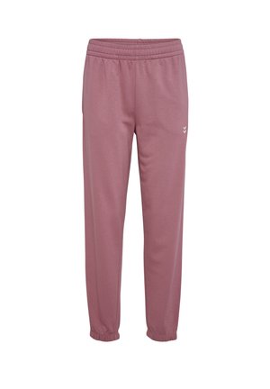 Light pink sweatpants made of soft fabric, featuring an elastic waistband, cuffed ankles, and a small logo on the left thigh.