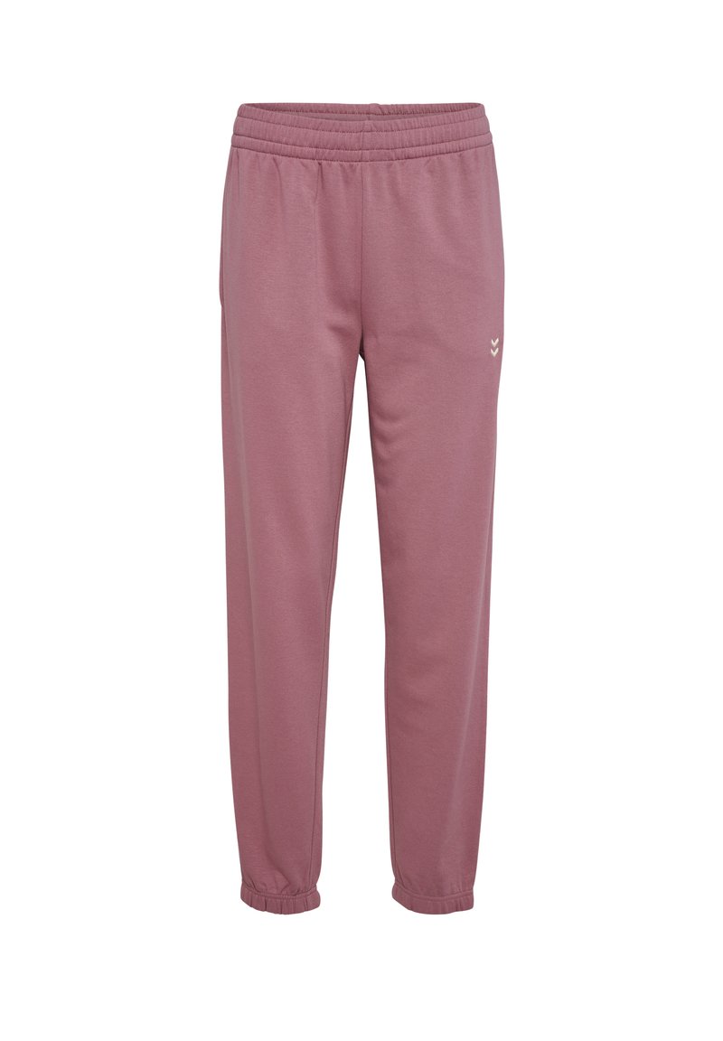 Lyslyserøde sweatpants lavet af blødt stof, med elastisk liv, manchetter ved anklerne og et lille logo på venstre lår.