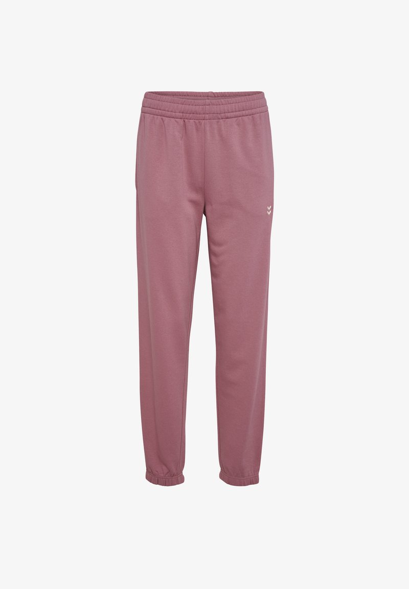 Lyslyserøde sweatpants lavet af blødt stof, med elastisk liv, manchetter ved anklerne og et lille logo på venstre lår.