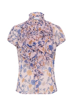 Blusa floreale con collo alto arricciato e maniche corte; presenta motivi rosa, blu e oro su uno sfondo chiaro con bottoni.
