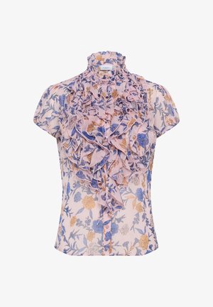 Floral blouse with a high ruffled collar and short sleeves; features pink, blue, and gold patterns on a light background with buttons.
