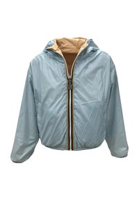Giacca a vento leggera di colore blu chiaro con zip frontale, orlo elastico e fodera interna a contrasto. Presenta una zip con strisce nere e gialle.