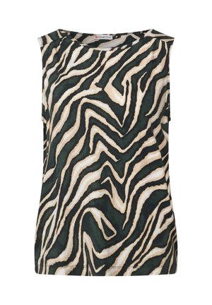 Ärmelloses Oberteil mit einem grünen und beigen Zickzack-Tierdruckdesign. Hergestellt aus einem glatten Stoff mit lockerer Passform und Rundhalsausschnitt.