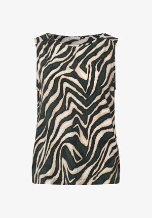 Ärmelloses Oberteil mit einem grünen und beigen Zickzack-Tierdruckdesign. Hergestellt aus einem glatten Stoff mit lockerer Passform und Rundhalsausschnitt.