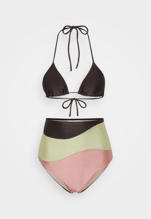 Bikini set with a black halter top and high-waisted bottom in layered bands of pastel pink, green, and black. Smooth fabric texture.