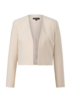 Beige cropped jacket with long sleeves, open front, and smooth texture. Minimalistic design with no fasteners and a tailored fit.