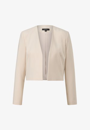 Beżowa krótka kurtka z długimi rękawami, otwarty przód i gładka faktura. Minimalistyczny design bez zapięć i dopasowanej sylwetki.