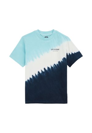 Cotton T-shirt featuring a tie-dye pattern with light blue, white, and navy colors. Includes text "CITY TO COAST" on the front.