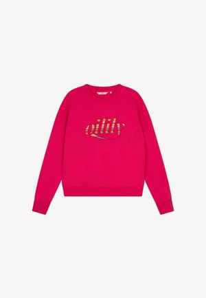 Felroze lange mouw trui met geribbelde boorden en zoom, met meerkleurige gestreepte "oilily" tekst over de borst.