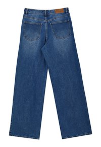 Jeans a gamba larga di un blu scuro con vita alta, dotati di due tasche posteriori e un'etichetta in pelle marrone sulla vita. Tessuto denim liscio.