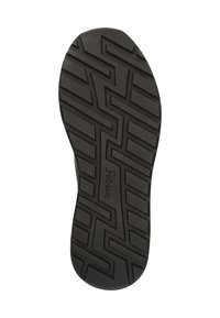 Schwarze Gummisohle mit einem Zickzack-Profil, ausgestattet mit einer glatten Oberfläche und Markenlogo. Die Form ist abgerundet und bietet einen strukturierten Halt.