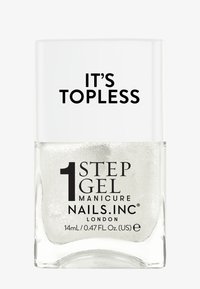 Nails.INC 1 Step Gel, klar glassflaske, 14ml, glitrende sølv neglelakk, fet svart tekst på gjennomsiktig etikett: "DET ER TOPPLØST."