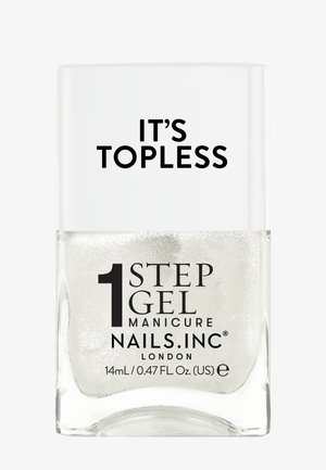 Nails.INC 1 Step Gel, przezroczysta butelka, 14ml, błyszczący srebrny lakier, wyraźny czarny tekst na przezroczystej etykiecie: "JEST NA NAGIM SARDYNKOM".