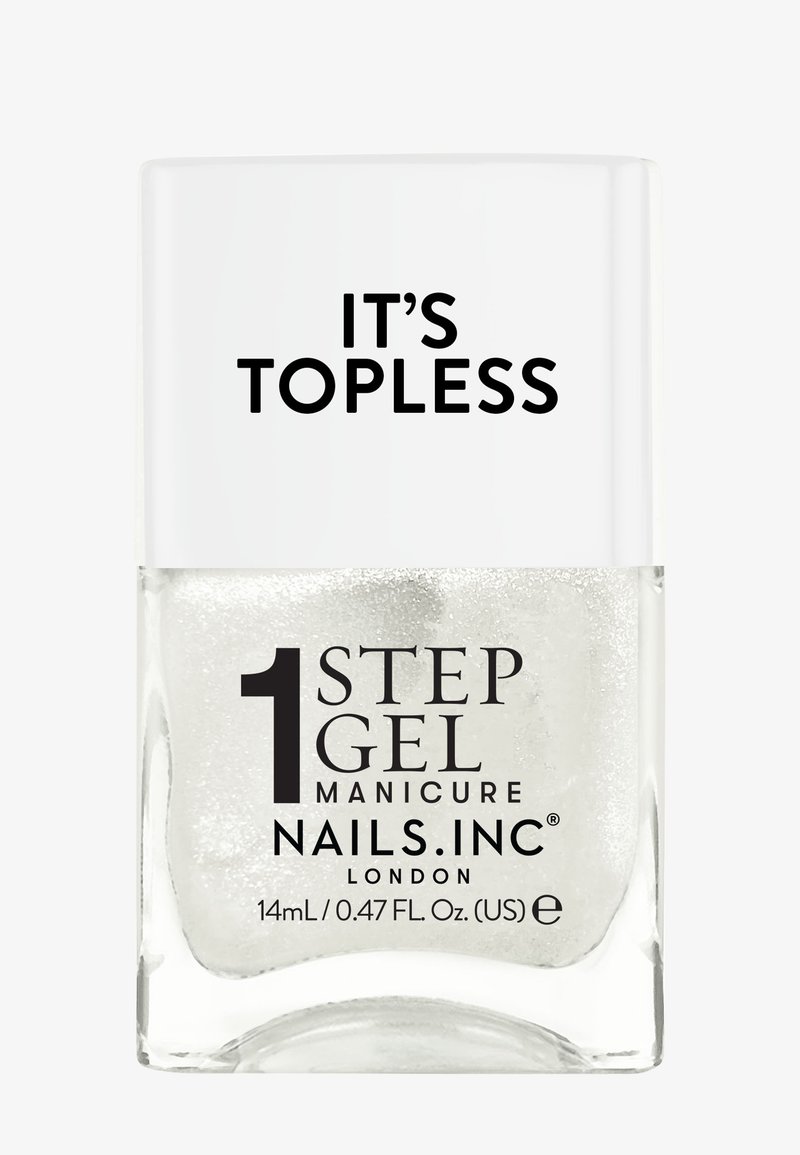 Nails.INC 1 Step Gel, klar glassflaske, 14ml, glitrende sølv neglelakk, fet svart tekst på gjennomsiktig etikett: "DET ER TOPPLØST."