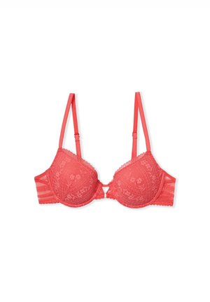 Coral lace bra with padded cups, floral pattern, and scalloped edges. Features adjustable straps and a hook closure at the back.