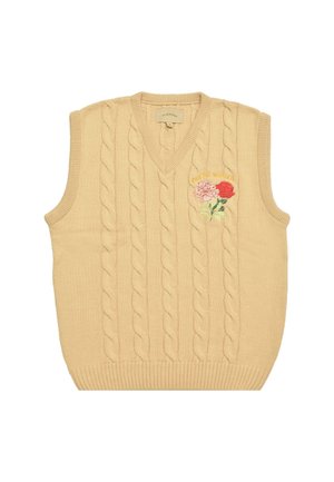 Beige kabelstrikket ærmeløs sweater med V-udskæring og broderet blomsterdesign med røde og pink blomster på venstre bryst.