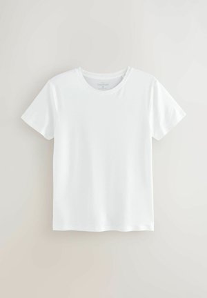 Tricou din bumbac alb cu guler rotund și mâneci scurte, având o textură netedă și un tiv drept. Fără modele sau embellismente.