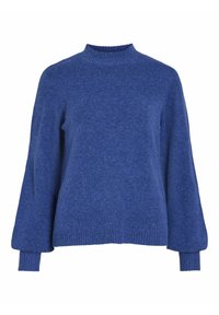 Blauwe gebreide trui met hoge hals, lange mouwen en geribbelde zoom. Zachte textuur en een iets losse pasvorm, gemaakt van warm wolmixmateriaal.