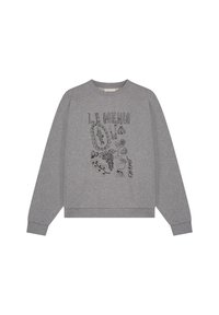 Grijze sweatshirt met lange mouwen, ronde halslijn, met zwarte lijntekeningen van voedingsmiddelen en de tekst "LE MENU" op de voorkant.