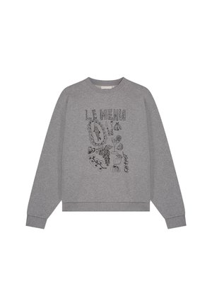 Grijze sweatshirt met lange mouwen, ronde halslijn, met zwarte lijntekeningen van voedingsmiddelen en de tekst "LE MENU" op de voorkant.